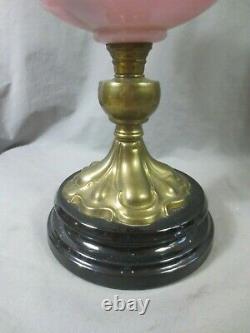 Superb Brass & Cranberry Glass Oil Lamp With Original Shade & Chimney