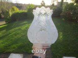 Superb Original Rare Tall Victorian Antique Crystal Etched Glass Oil Lamp Shade