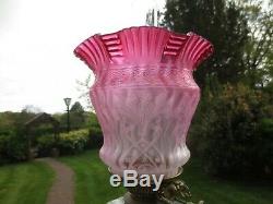 Superb Original Victorian Crystal Etched Cranberry Duplex Tulip Oil Lamp Shade