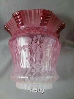 Superb Original Victorian Crystal Etched Cranberry Duplex Tulip Oil Lamp Shade