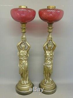 Superb Pair Of Antique 26 Inch French Figural Oil Lamps