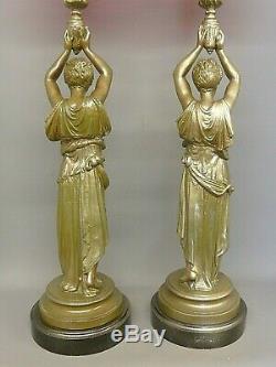 Superb Pair Of Antique 26 Inch French Figural Oil Lamps