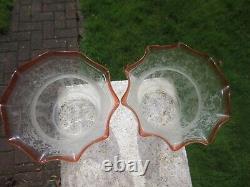 Superb Pair Of Antique Victorian Tulip Acid Etched Duplex Oil Lamp Shades