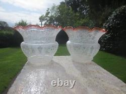 Superb Pair Of Antique Victorian Tulip Acid Etched Duplex Oil Lamp Shades