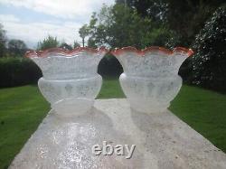 Superb Pair Of Antique Victorian Tulip Acid Etched Duplex Oil Lamp Shades