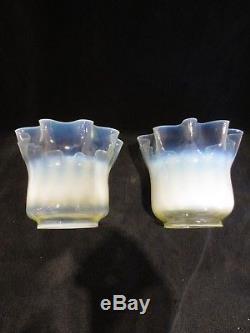 Superb Pair Of Old Original Victorian Vaseline Glass Oil Lamp Shades 3 Fitter