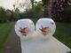 Superb Pair Of Vintage Decorated White Bird Globes Duplex Oil Lamp Shades