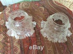 Superb Pair of Antique Acid Etched Oil Lamp Shades 2 3/8 inch 8.5 cm Fitter