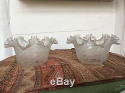 Superb Pair of Antique Acid Etched Oil Lamp Shades 2 3/8 inch 8.5 cm Fitter