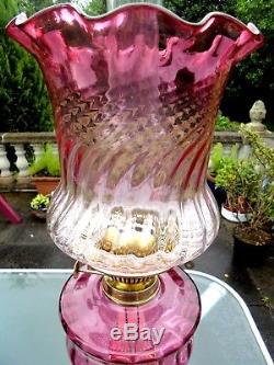 Superb Quality Victorian Cranberry Glass Column Duplex Oil Lamp