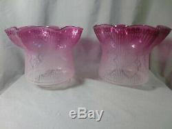 Superb Rare Pair Of Victorian Cranberry Acid Etched Glass Duplex Oil Lamp Shade