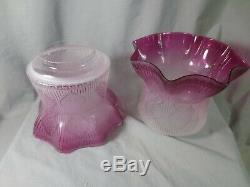 Superb Rare Pair Of Victorian Cranberry Acid Etched Glass Duplex Oil Lamp Shade