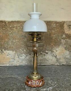 Superb Tall 19thc'Matador' Brown Ceramic & Milky White Brass Table Oil Lamp