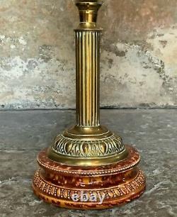 Superb Tall 19thc'Matador' Brown Ceramic & Milky White Brass Table Oil Lamp