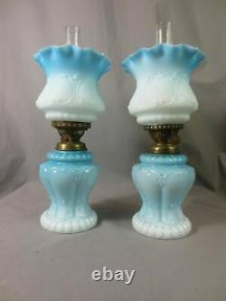 Superb Very Rare Antique Victorian Blue Glass Miniature Oil Lamps