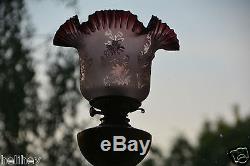 Superb Victorian 4 duplex acid etched amethyst glass oil lamp shade