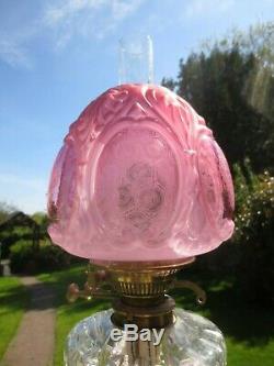 Superb Victorian Cranberry Glass Beehive Acid Etched Duplex Oil Lamp Shade
