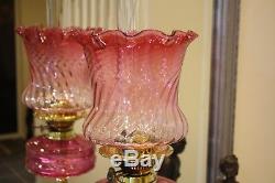 Superb Victorian Oil Lamp, Brass Corinthian Column, Cranberry Shade