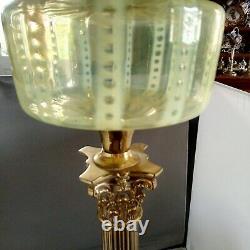 Superb Victorian Oil Lamp With Brass Column, Vaseline Glass Font And Vaseline Gl