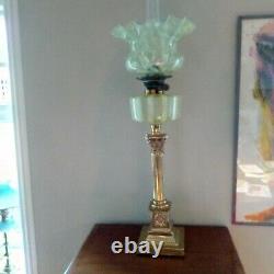 Superb Victorian Oil Lamp With Brass Column, Vaseline Glass Font And Vaseline Gl