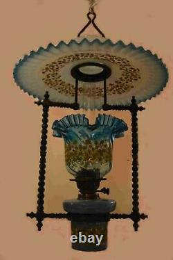 Superb Victorian hanging oil lamp with original shade and font