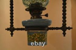 Superb Victorian hanging oil lamp with original shade and font