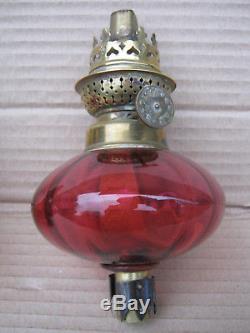 Superb pair of antique Victorian cranberry glass peg/piano oil lamps