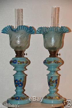 Superb pair of hand painted /Enameled Victorian/French opalin glass oil lamp
