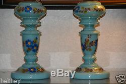Superb pair of hand painted /Enameled Victorian/French opalin glass oil lamp