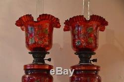 Superb pair of original Victorian/french oil lamp /Cranberry glass