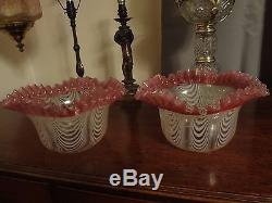 Superb pair of victorian cranberry/opaline oil/gas lamp shades 9 1/4 inch diam