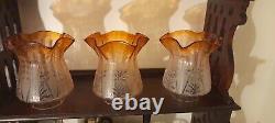 THREE Gorgeous Victorian Amber Peach Oil Lamp Shades, 2½ Inch Fitter