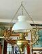 Three Large Ornate Ceiling Hanging Brass Electric Oil Lamps Vintage Antique