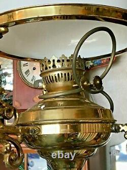 Three Large Ornate Ceiling Hanging Brass Electric Oil Lamps Vintage Antique
