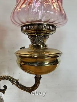 Twin Victorian Oil Lamp Cranberry Glass Shades