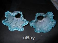 Two Victorian blue/aqua Nailsea Glass Peg Lamp Oil Lamp Shades. 5cm fit