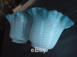 Two Victorian blue/aqua Nailsea Glass Peg/Piano Oil Lamp Shades. 5cm fit