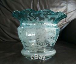 Ultra Rare Victorian Floral Acid Etched Turquoise Blue Oil Lamp Shade Duplex 4