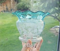 Ultra Rare Victorian Floral Acid Etched Turquoise Blue Oil Lamp Shade Duplex 4