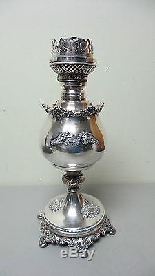 UNUSUAL 19th C. VICTORIAN PERIOD SILVER PLATE OIL LAMP with CHERUBS, ALL ORIGINAL