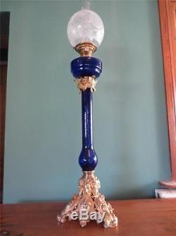 Ultimate Original Antique Victorian (c1870) Royal Blue Glass Banquet Oil Lamp