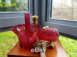 Ultimate Victorian Art Nouveau Cranberry Red Ruby Wrythen Glass Oil Lamp & shade