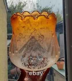 Unusual Victorian Amber Orange Etched Oil Lamp Shade Perfect Condition