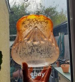 Unusual Victorian Amber Orange Etched Oil Lamp Shade Perfect Condition