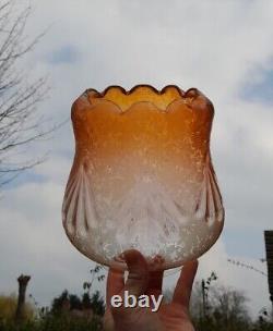 Unusual Victorian Amber Orange Etched Oil Lamp Shade Perfect Condition