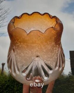 Unusual Victorian Amber Orange Etched Oil Lamp Shade Perfect Condition