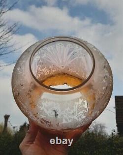 Unusual Victorian Amber Orange Etched Oil Lamp Shade Perfect Condition