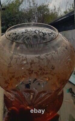 Unusual Victorian Amber Orange Etched Oil Lamp Shade Perfect Condition