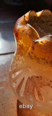 Unusual Victorian Amber Orange Etched Oil Lamp Shade Perfect Condition