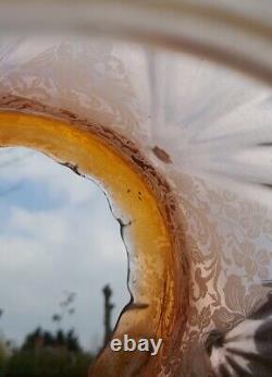 Unusual Victorian Amber Orange Etched Oil Lamp Shade Perfect Condition